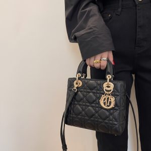 D!0r Medium Lady Dior Bag Black Lambskin Leather – Super Clone