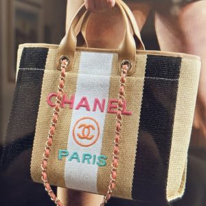 Ch@nel Deauville Raffia Calfskin Tote Striped Multicolor – Mirror Quality