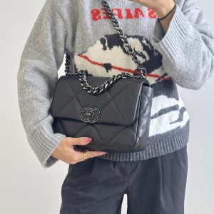 Ch@nel 19 Black Leather Silver Hardware – Mirror Quality Super Clone