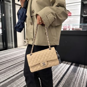 Medium Double Flap Beige Caviar Leather – Super Clone Hand Bag with silver Hardware