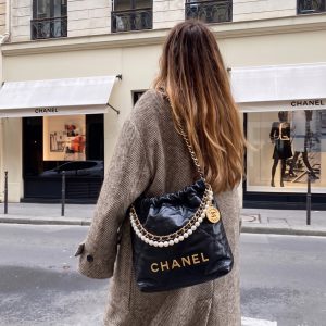 Ch@nel Pearl Mini 22 Black Crumpled Calfskin-Superclone ShoulderBag